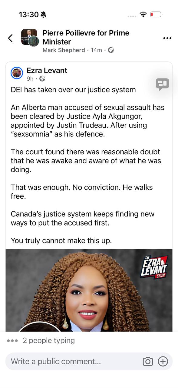User-provided Facebook screenshot of Ezra Levant post about Justice Ayla Akgungor and sexsomnia acquittal