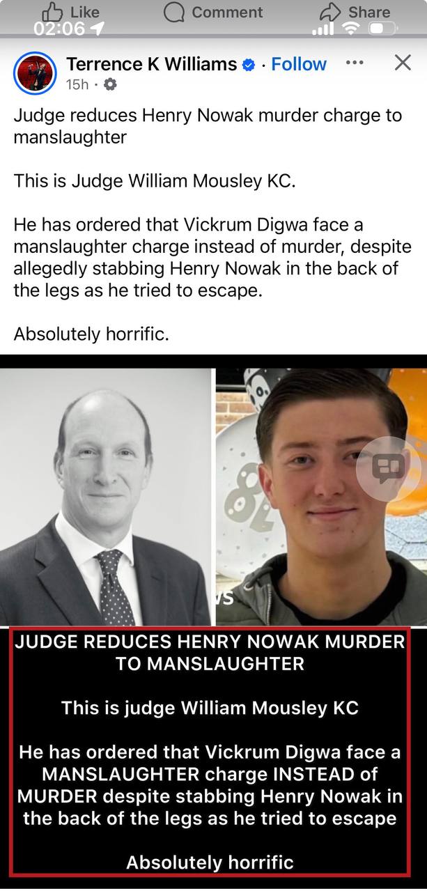 Screenshot of a Terrence K Williams Facebook post about Judge William Mousley KC, Henry Nowak, and Vickrum Digwa