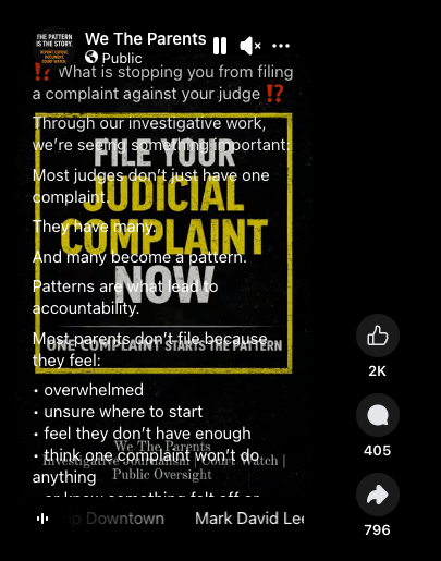 Screenshot of a public We The Parents Facebook reel about filing a judicial complaint